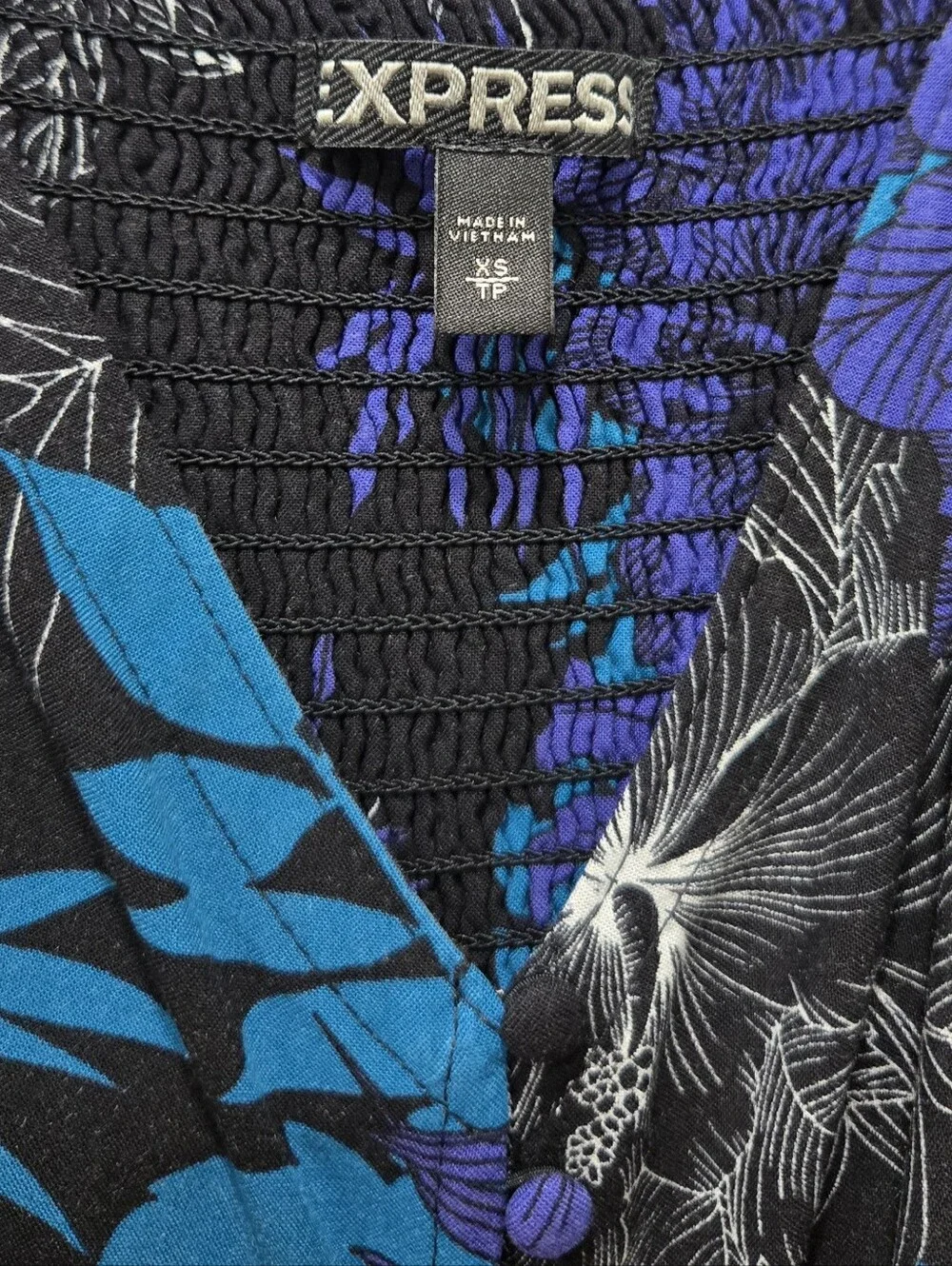 Express Womens Black Blue Purple Floral Tropical Print Mini Dress Pockets Sz XS